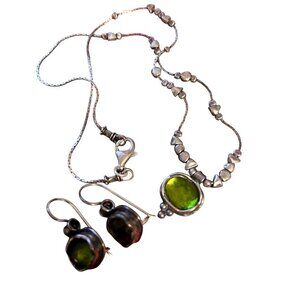 Silpada Green Hammered Sterling Silver Necklace and Earrings Set